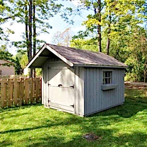 8 x 10 medium board and batten with double doors and a 2 foot gable overhang.